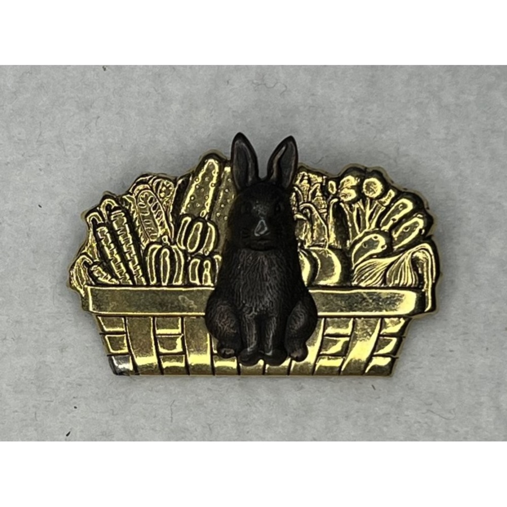Vintage Rabbit Bunny in Vegetable Basket Gold Tone Pinback Lapel Pin Brooch Farm